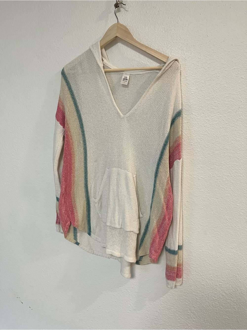 Women’s Cream V-Neck Hoodie Sweater with Pink & Teal Stripes